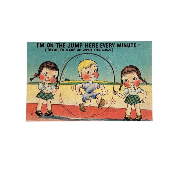 Antique Litho Postcard 1920s Humorous Twin Girls Boy Jump Colorful Asheville Co - Picture 2 of 5